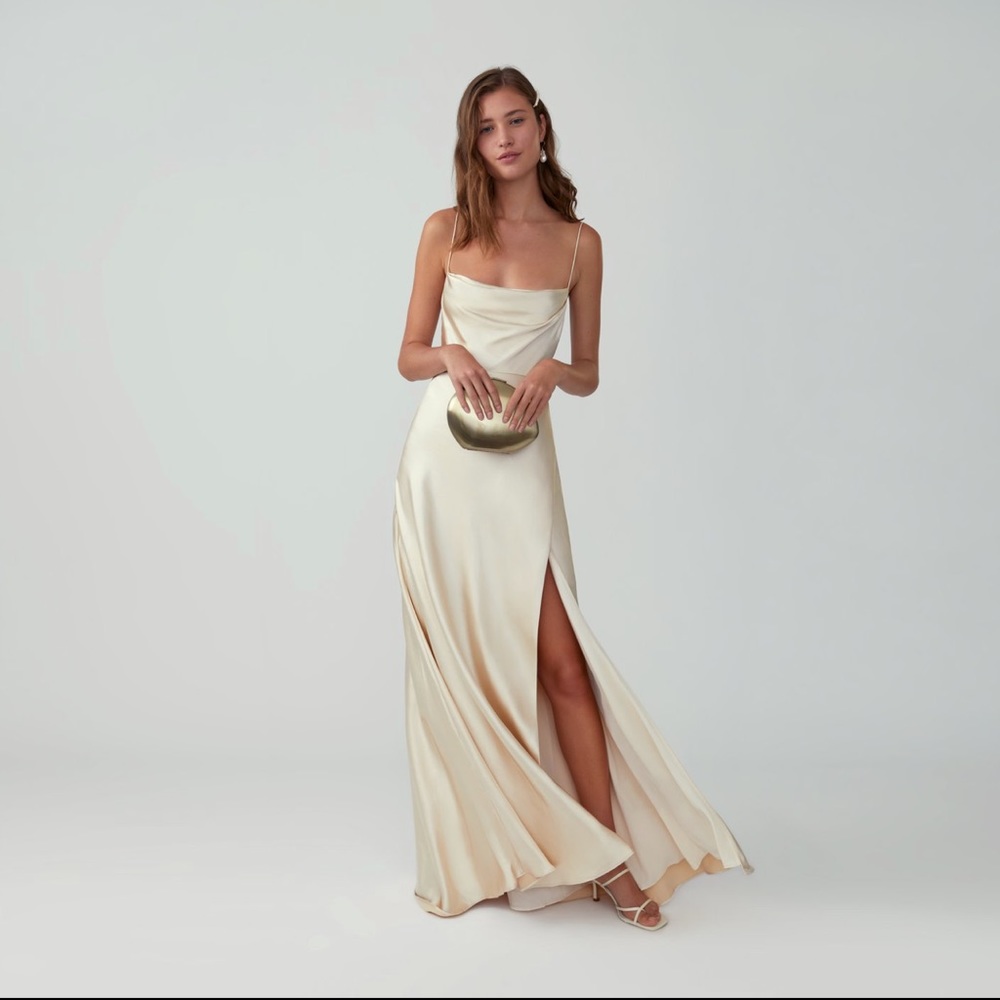 Matte Satin Champagne Strappy draped gown